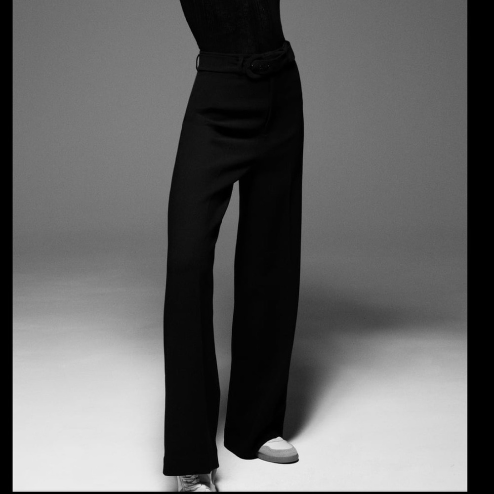 Zara Black Belted Texture High Waisted Pants - Picture 2 of 8